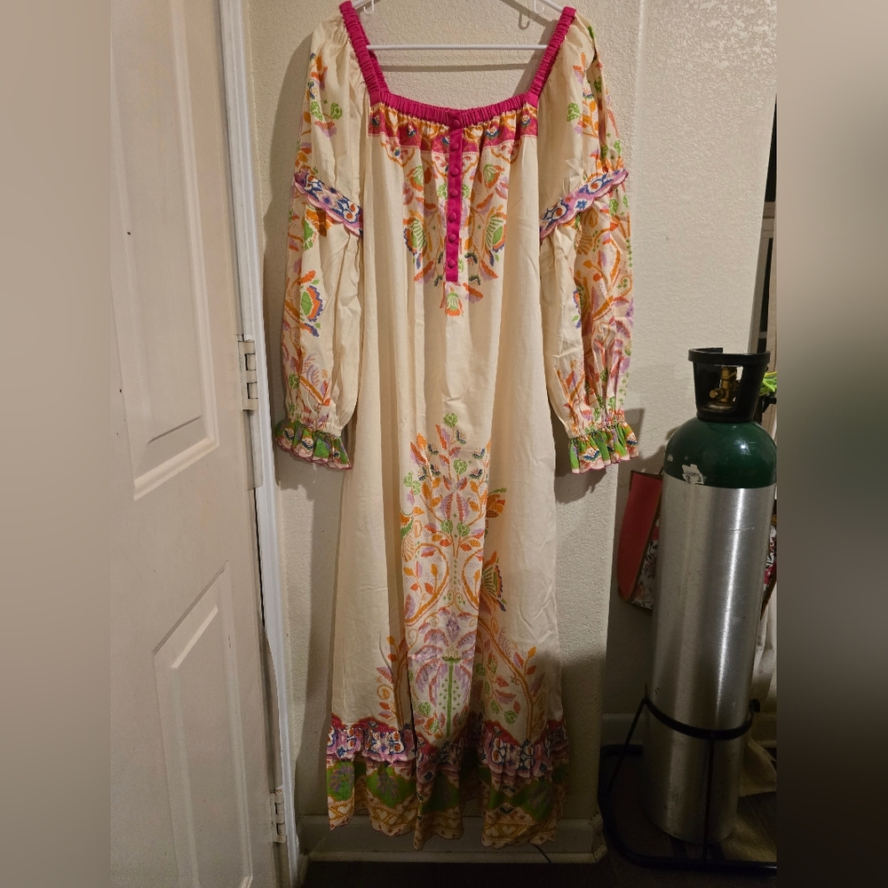 FARM Rio Anthropologie Embroidered Peasant Maxi Dress M